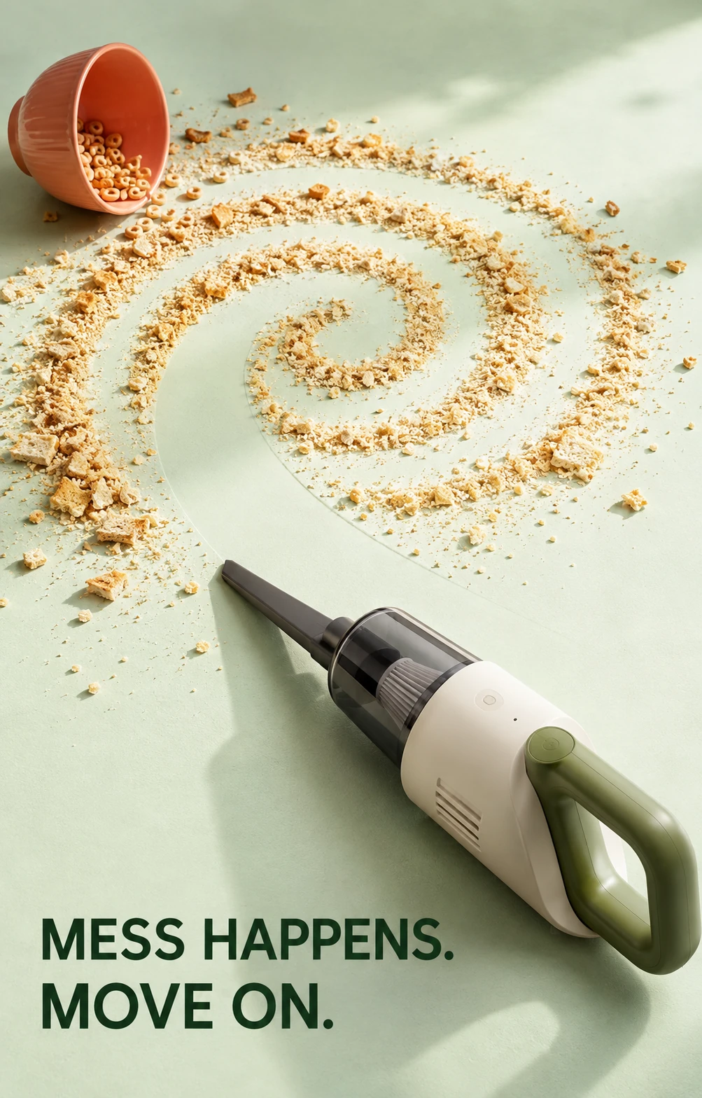 Handheld vacuum tracing a clean curve through cereal crumbs on a mint tabletop.