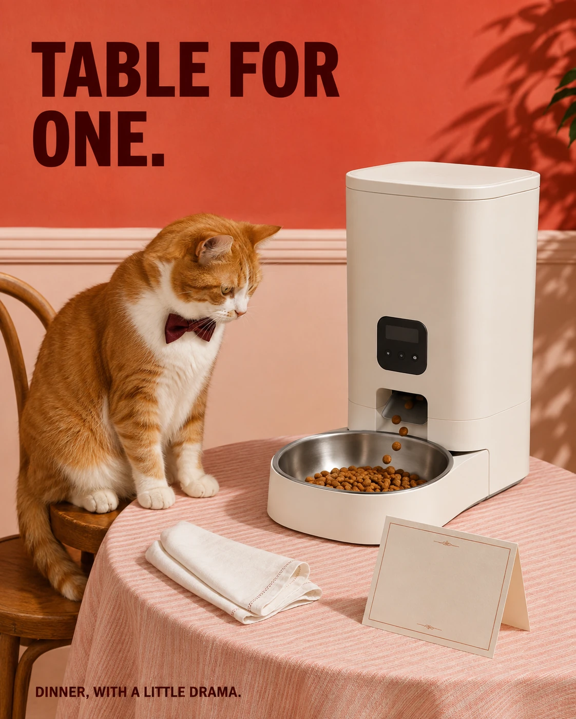 Bow-tied orange and white cat waiting beside an automatic feeder at a miniature formal dinner.